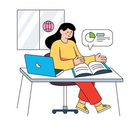 Girl student doing homework with help of internet  Illustration