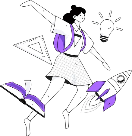 Girl student flying in air while doing education startup  Illustration