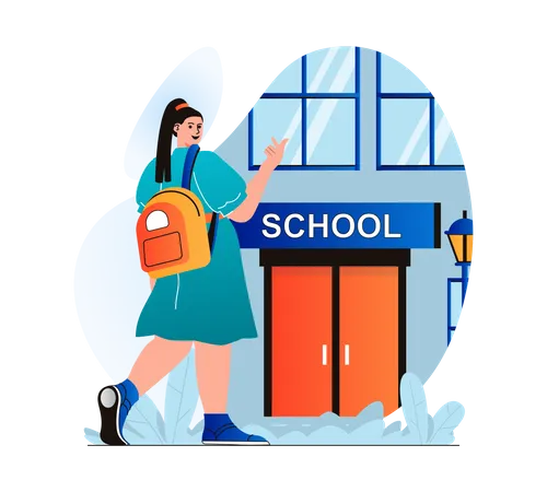 Education Concept In Modern Flat Design Teenager Pupil Goes To School Student Stands In Front Of Entrance To School Building Young Girl Learning At College Or University Vector Illustration Illustration