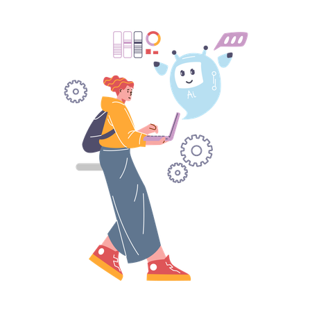 Girl student going with laptop while study with chat bot  Illustration