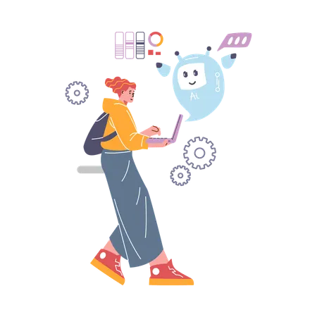 Girl student going with laptop while study with chat bot  Illustration