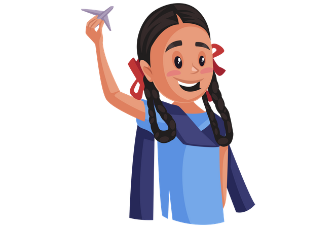 Girl student holding airplane toy  Illustration