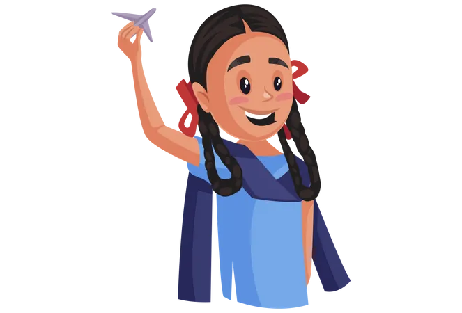 Girl student holding airplane toy  Illustration