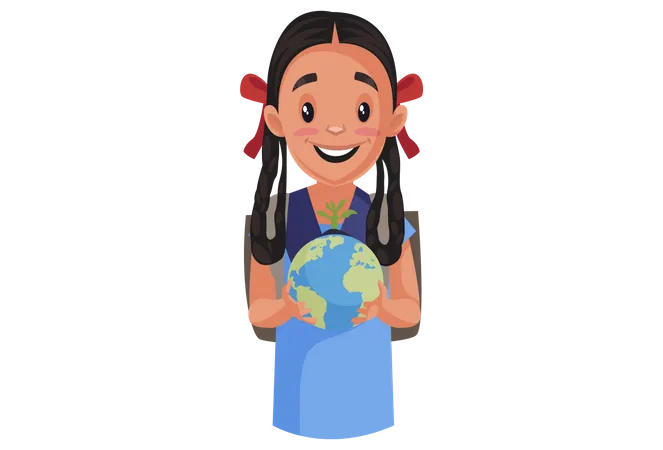 Girl student holding globe in her hand Illustration