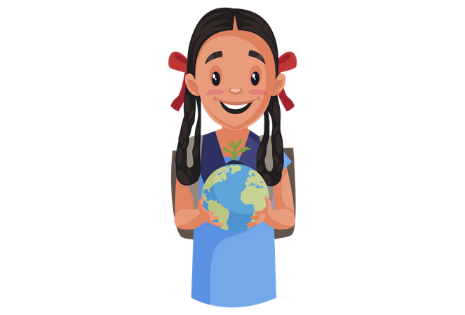 Girl student holding globe in her hand  Illustration