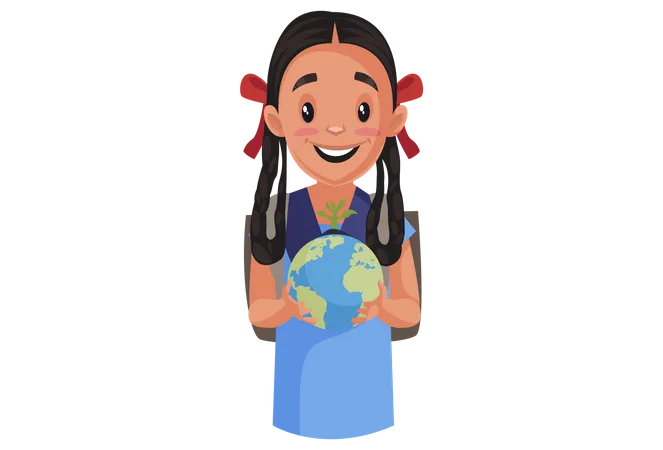 Girl student holding globe in her hand  Illustration