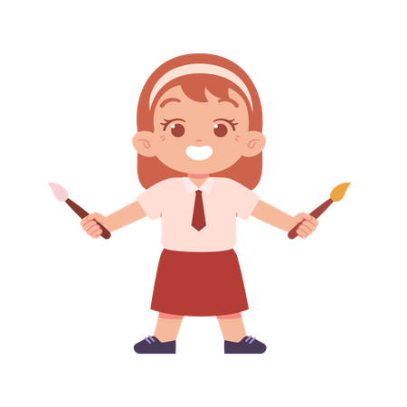 Girl Student Holding Two Paint Brushes  イラスト