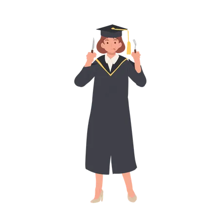 Girl Student in Graduation Gown with Fork and Knife  Illustration