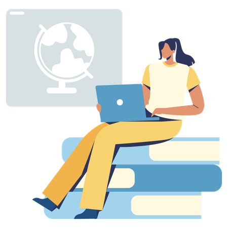 Girl student learning from e-course  Illustration