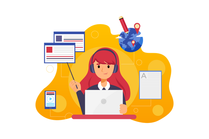 Girl student learning online  イラスト