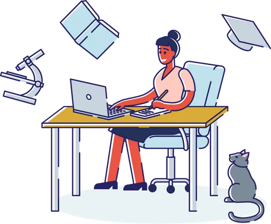 Girl Student Learning Online on Computer  Illustration