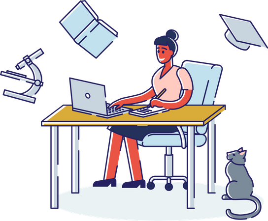 Girl Student Learning Online on Computer  Illustration
