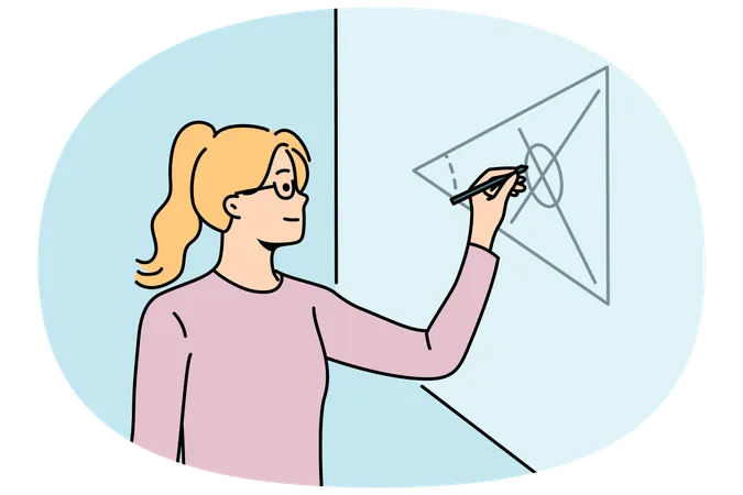 Girl student of mathematical school writes formulas on blackboard while solving complex equations  Illustration