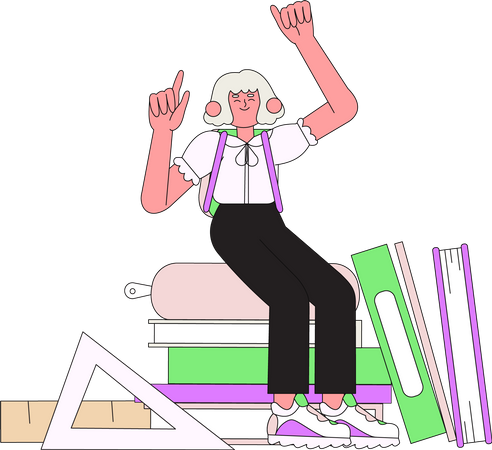 Girl student sit on pile of books  Illustration