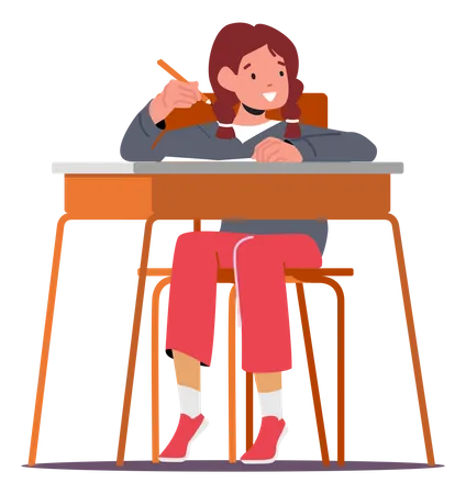 Back To School Primary Education Concept Little Kid Student In School Classroom Schoolgirl Character Sitting At Desk Writing In Notebook During Lesson Cartoon Vector Illustration Illustration