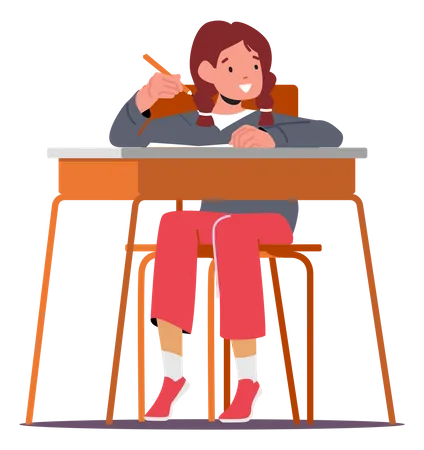 Girl Student Sitting On School Bench  Illustration