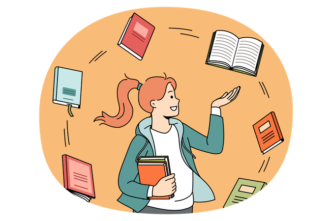 Girl student standing and looking at various books flying around her getting prepared for exam  Illustration