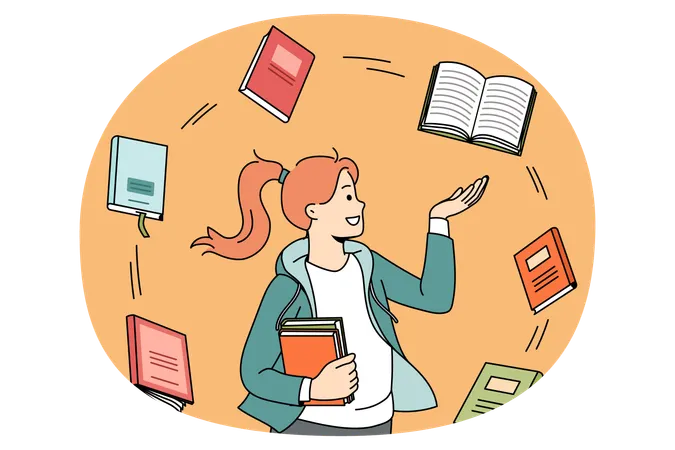 Girl student standing and looking at various books flying around her getting prepared for exam  Illustration