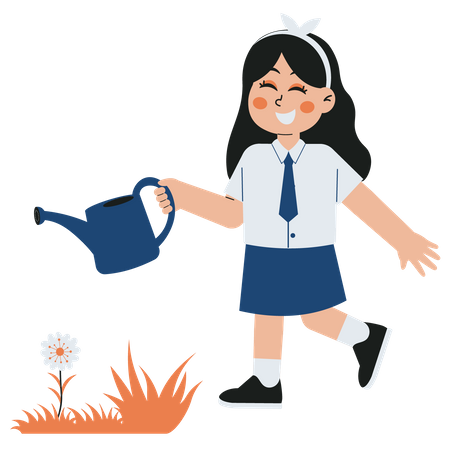 Girl Student Watering Plant Flowers  Illustration