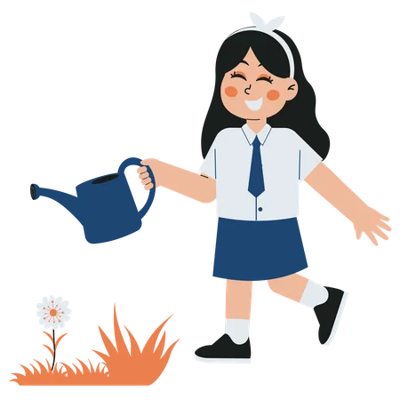 Girl Student Watering Plant Flowers  Illustration