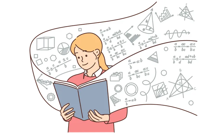 Girl Student With Book On Algebra Studies Exact Mathematical Sciences Wanting To Prove Complex Theorem Schoolgirl Preparing For Exam In Higher Mathematics Standing With Textbook With Formulas Illustration