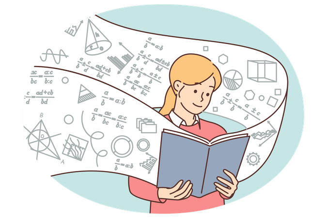 Girl student with book on algebra studies exact mathematical sciences  Illustration