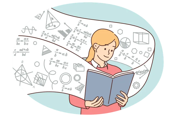 Girl student with book on algebra studies exact mathematical sciences  Illustration