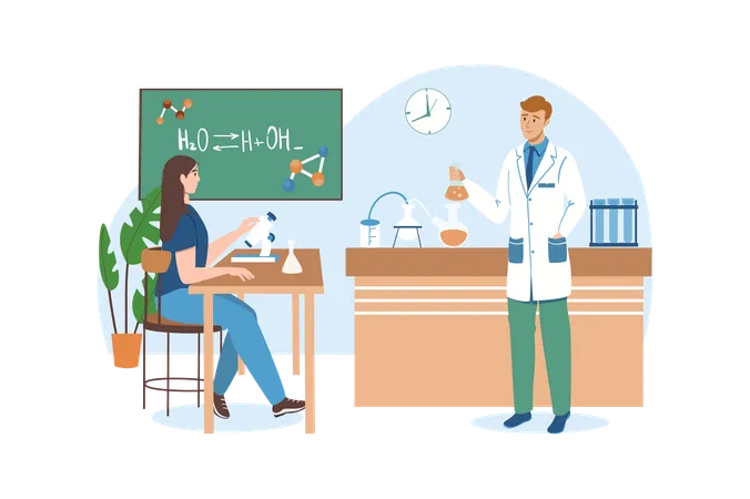 School Blue Concept With People Scene In The Flat Cartoon Style Girl Studies Various Chemicals In Class With Teacher Vector Illustration イラスト