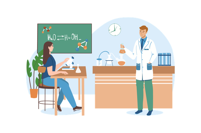 Girl studies various chemical in class with teacher  일러스트레이션