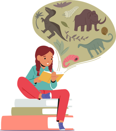 Girl studying about prehistoric animals such as dinosaurs Illustration