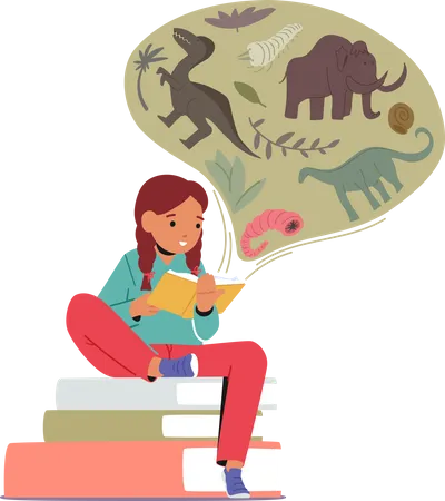 Girl studying about prehistoric animals such as dinosaurs  Illustration