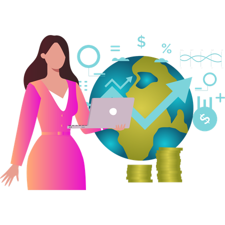 Girl studying global financial graph on laptop  Illustration