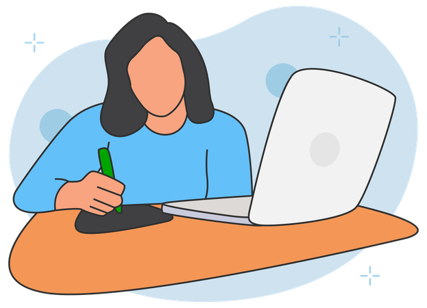 Girl studying online using laptop  Illustration