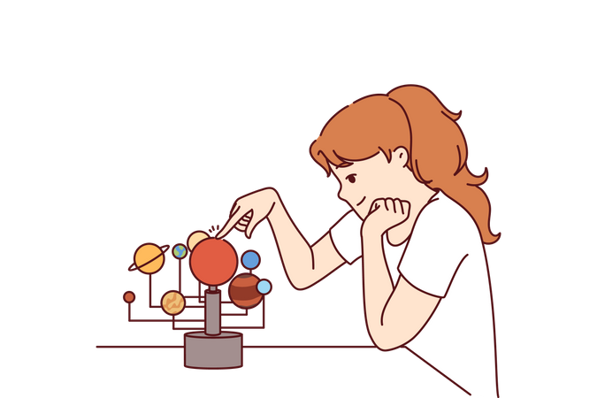 Girl studying solar system  Illustration