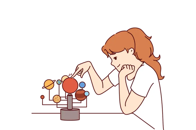 Girl studying solar system  Illustration