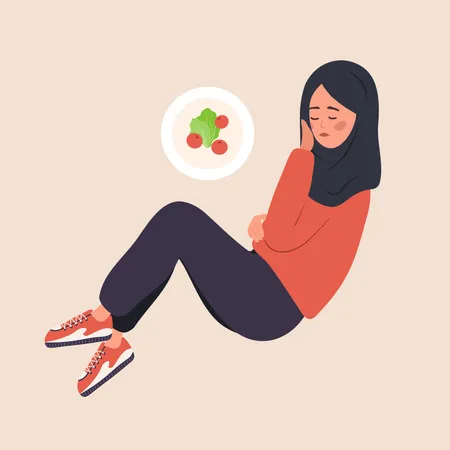 Eating Disorder Depressed Arabian Woman Is Lying On Floor And Feeling Nausea From Food Bulimia Or Anorexia Concept Girl With Mental Problems Vector Illustration In Flat Cartoon Style Illustration