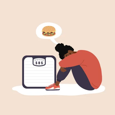 Food Addiction Concept Eating Disorder Sad African Woman Sitting On Floor And Hugging Knees Depressed Girl Thinking About Hamburger Vector Illustration In Flat Cartoon Style Illustration
