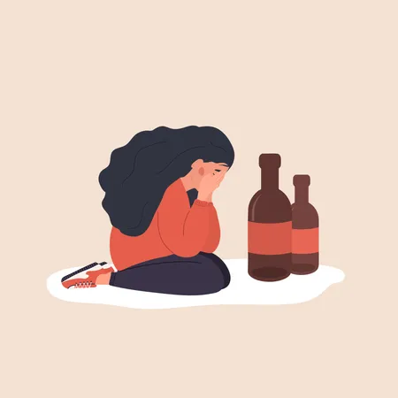 Female Alcoholism Depressed Woman Sitting On Floor And Crying Girl Suffering From Hard Drinking Alcoholism Effects Alcohol Abuse Vector Illustration In Flat Cartoon Style Illustration