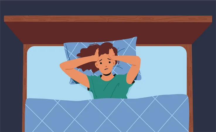 Unhappy Sleepless Female Character Suffer Of Insomnia Due To Snore Loud Noise In Room Or Annoying Thoughts In Mind Woman Lying In Bed Holding Head With Hands Cartoon People Vector Illustration Illustration