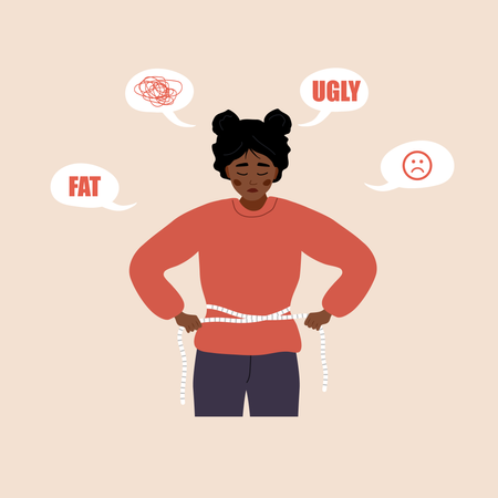 Girl suffering from mental illness due to overweight  Illustration