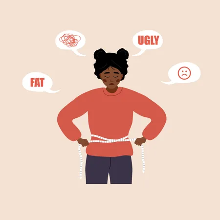 Eating Disorder Depressed African Woman Measuring Her Waist With Measuring Tape Mental Problems Food Addiction Bulimia Or Anorexia Concept Vector Illustration In Flat Cartoon Style Illustration