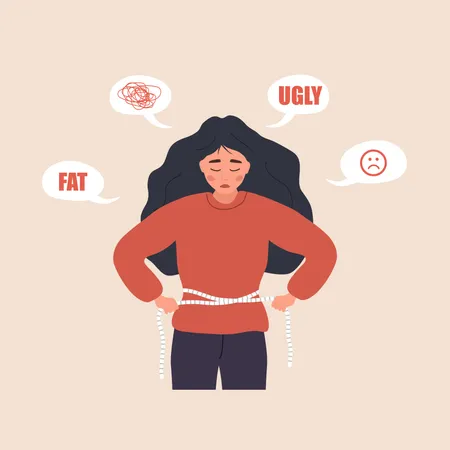 Eating Disorder Depressed Woman Measuring Her Waist With Measuring Tape Mental Problems Food Addiction Bulimia Or Anorexia Concept Vector Illustration In Flat Cartoon Style Illustration