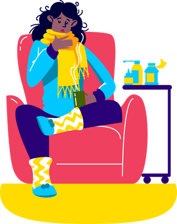 Girl suffering from sore throat at home on sick leave drinking hot tea  イラスト