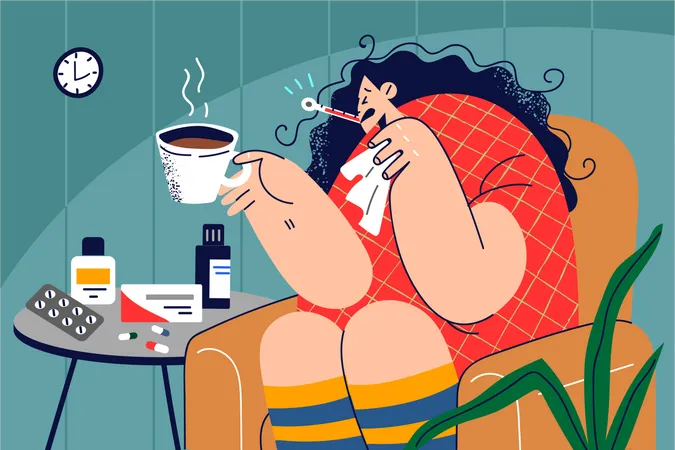 Girl suffering high fever  Illustration