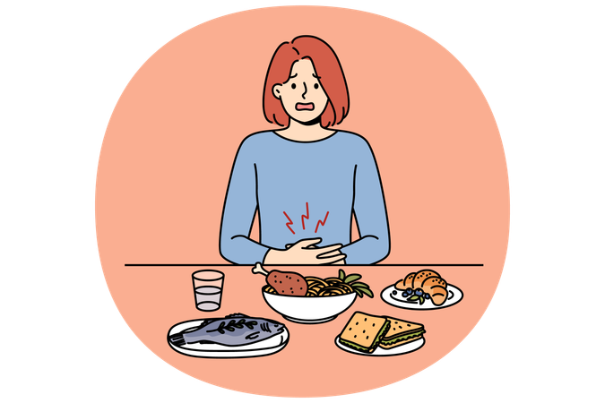 Girl suffers from stomach pain due to digestive problems  Illustration
