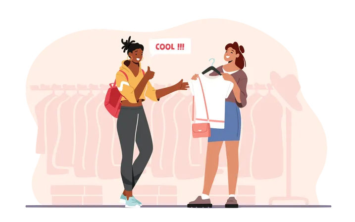 Girl Suggesting Top To Another Girl At Shopping Mall Illustration