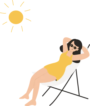 Vector Summertime Cartoon Illustration Girls In Yellow Mini Dress Sunbath Relax And Having Good Time On The Beach Trendy Design Illustration