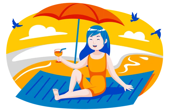Girl sunbathing at beach  Illustration