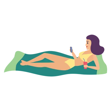 Girl sunbathing at beach  Illustration