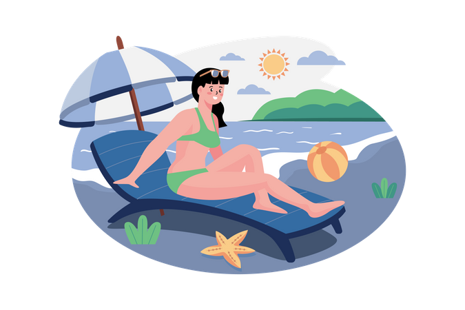 Girl sunbathing at the beach Illustration